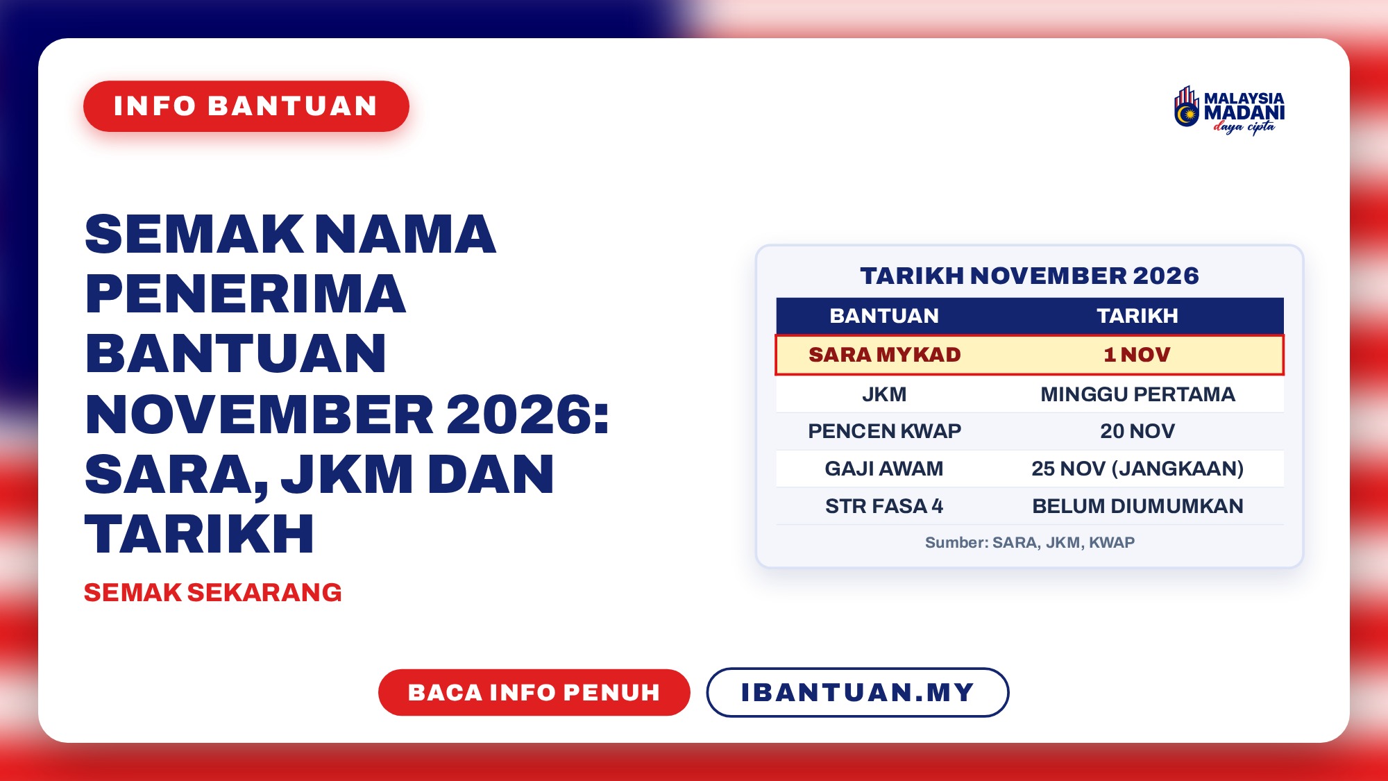 Senarai tarikh bantuan November 2026 SARA JKM pencen